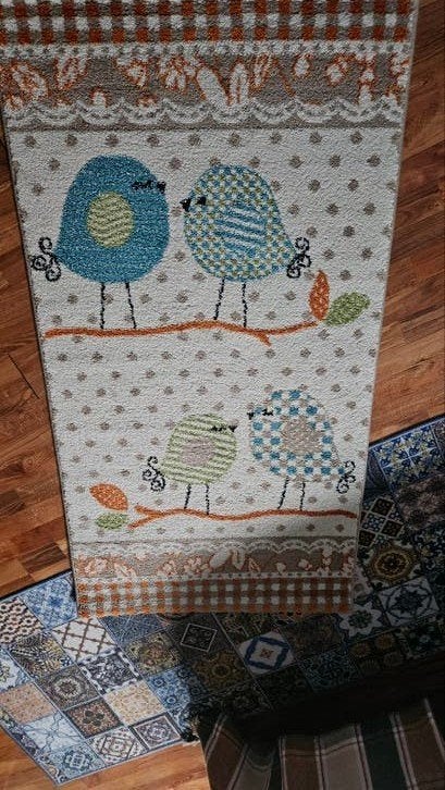 Kinder vloerkleed met vogelmotief - Beige, 80x150 cm, Ophalen, Gebruikt, 100 tot 150 cm, 50 tot 100 cm