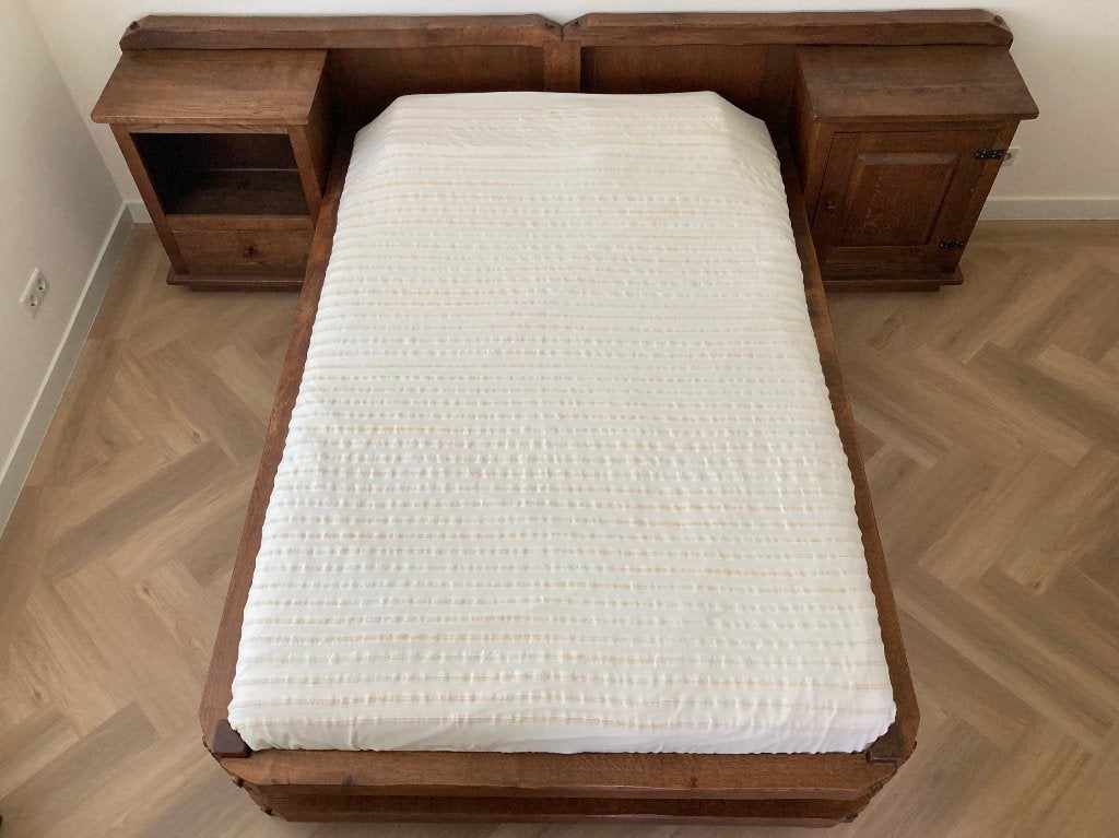 Tweepersoonsbed met nachtkastjes 210x140 cm, Huis en Inrichting, Ophalen, Gebruikt, Bruin, 210 cm