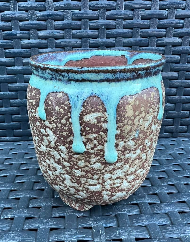 Bonsai Cascade pot bruin-crème-licht blauw geglazuurd 9x10,2, Rond, Ophalen of Verzenden, Zo goed als nieuw, Aardewerk
