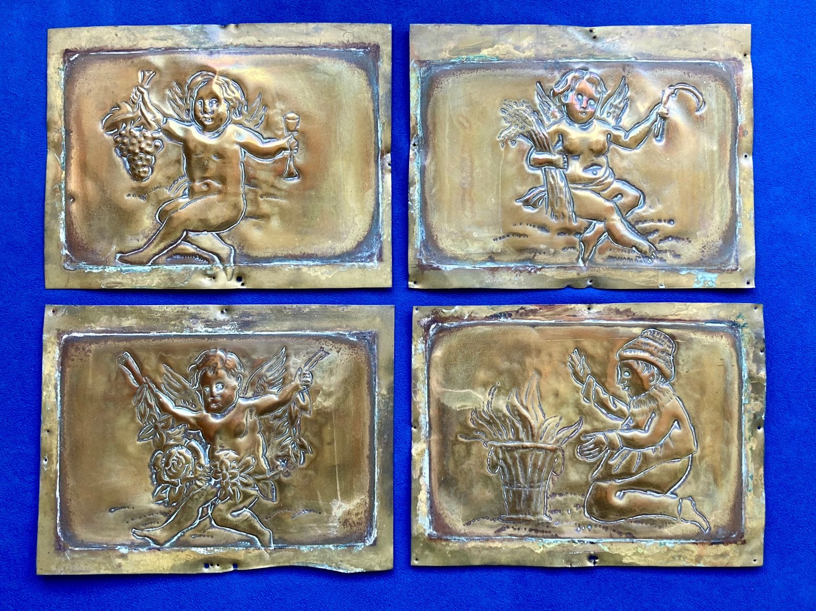 4x prachtige antieke koperen platen jaargetijden - ca. 1900, Ophalen of Verzenden, Koper