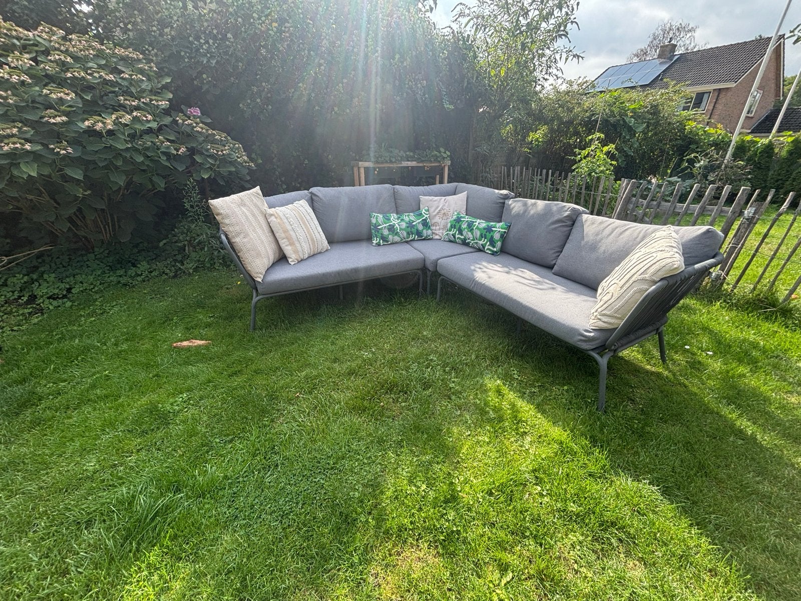 Antraciet lounge hoekbank met hardhouten tafel, Ophalen, Gebruikt, Loungeset, Bank