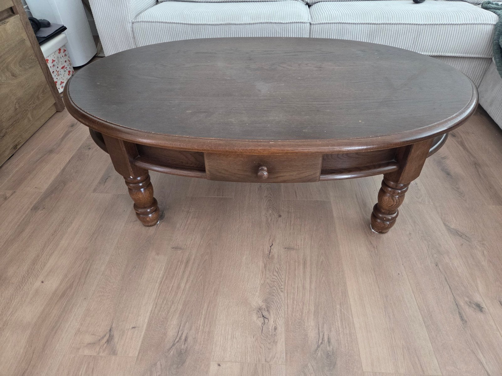 Ovale houten salontafel met lade, Ophalen, Gebruikt, 50 tot 100 cm, 100 tot 150 cm