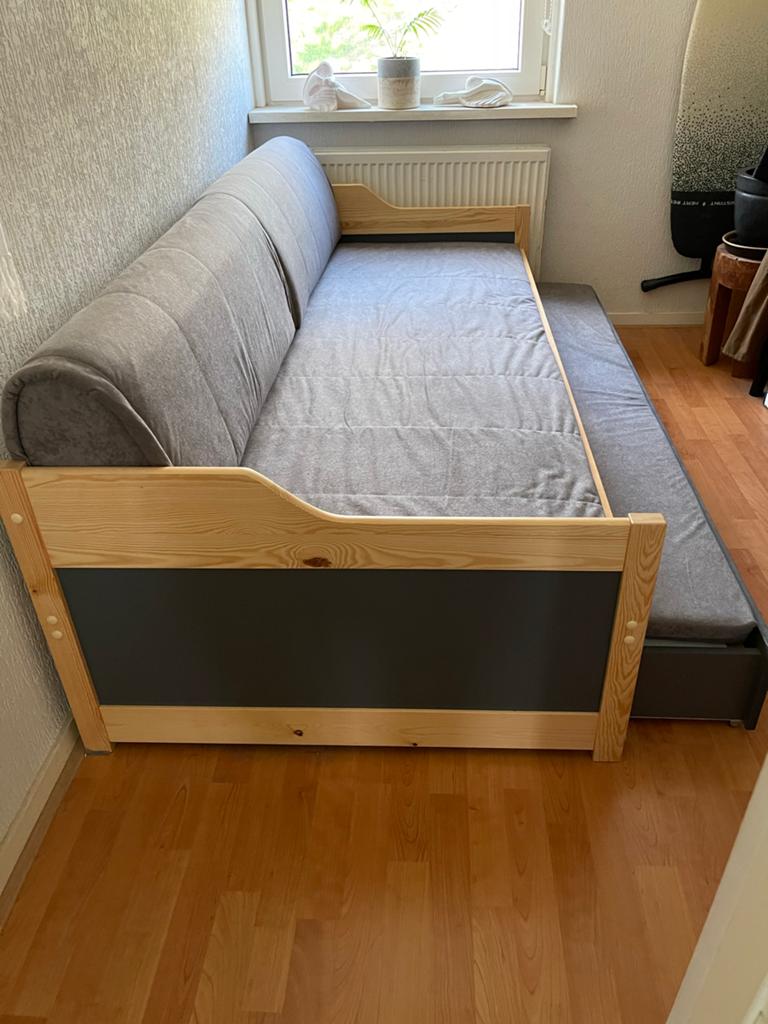 Uitschuifbaar bed met onderbed en opbergruimte, Ophalen, 90 cm, Eenpersoons, Zo goed als nieuw