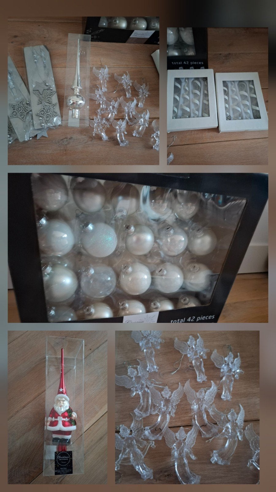 Kerst versiering zilver, wit, parelmoer + kerstman piek, Ophalen, Zo goed als nieuw