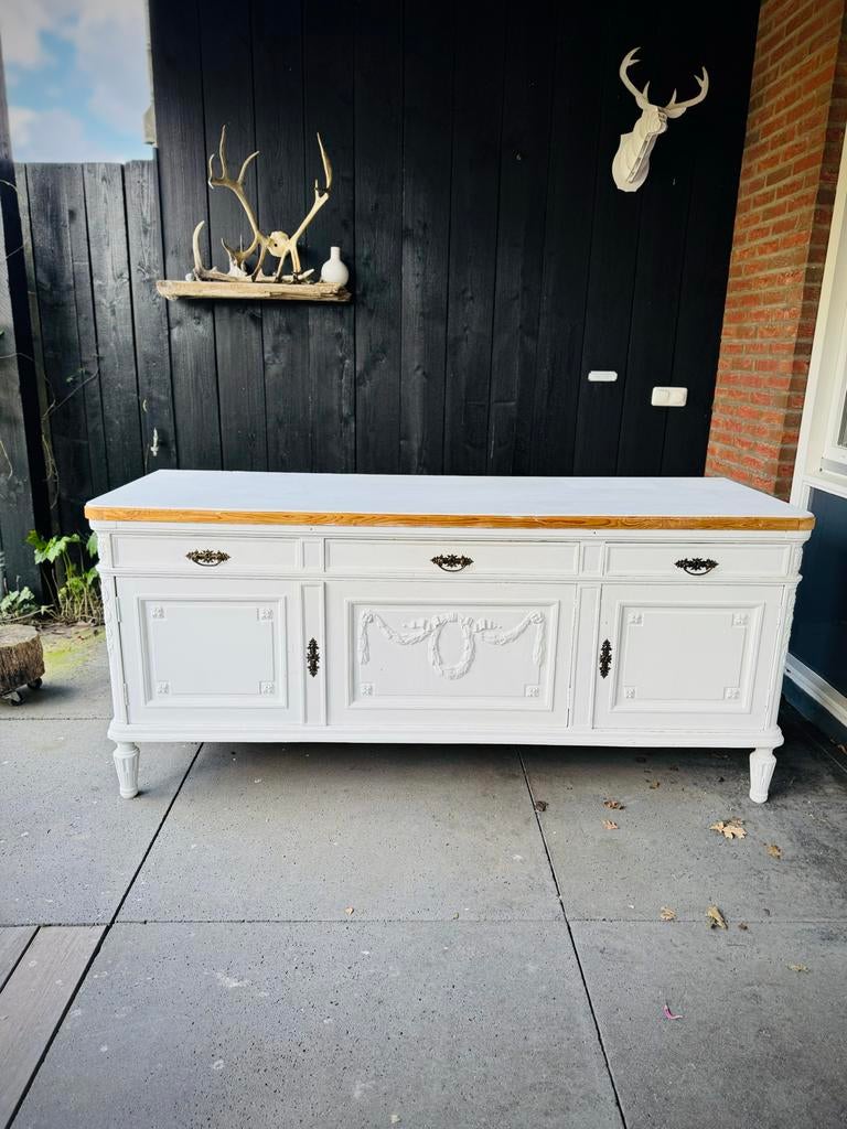 Brocante oud landelijk dressoir massief hout, Ophalen, Gebruikt, 150 tot 200 cm, Met lade(s)