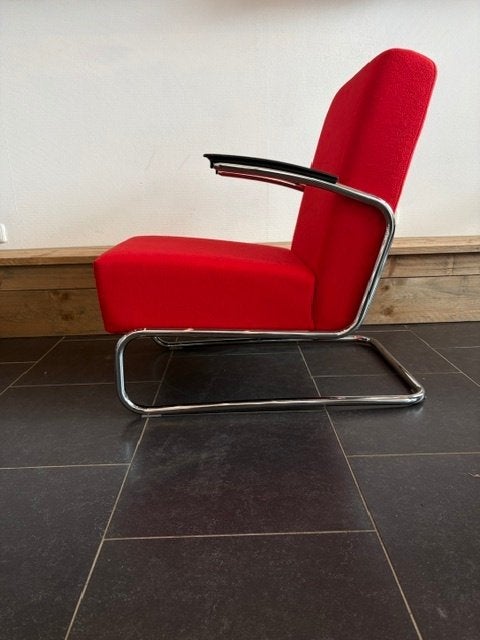 Gispen 405 fauteuil, chroom, Hallingdal , heder rood, Huis en Inrichting, Design, 75 tot 100 cm, Zo goed als nieuw, Stof