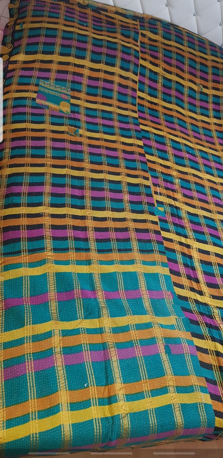 Vintage Kantha katoenen bedsprei  - Handgemaakt en Kleurrijk, Ophalen of Verzenden, Gebruikt, Tweepersoons, Deken of Dekbed