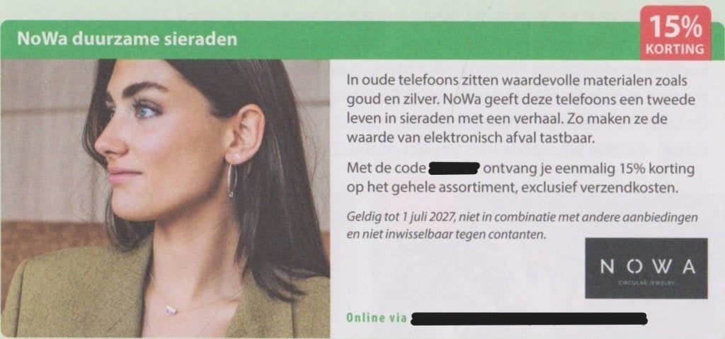 NoWa duurzame sieraden. 15% korting. Postcodeloterij bon., Tickets en Kaartjes, Eén persoon, Kortingsbon, Warenhuis- of Winkelbon