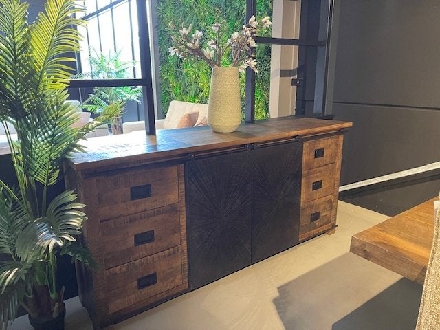 Dressoir Mango 6 lades 2 metaal deuren 160 cm breed actie, Overige houtsoorten, Nieuw, 3 of 4 laden, Dressoir Mango 6 lades 2 metaal deuren 160 cm breed actie