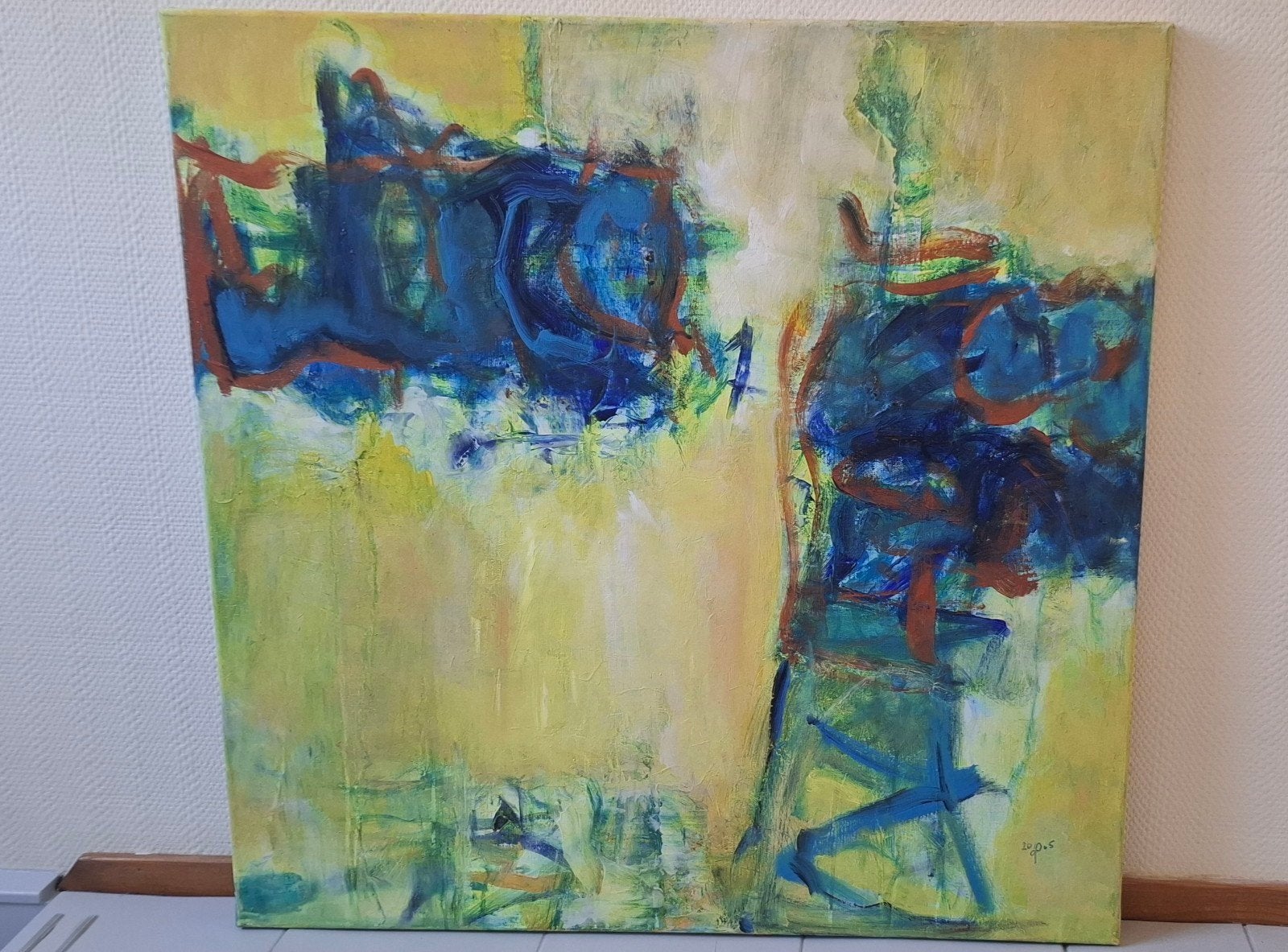 Abstract Schilderij: acryl,  80x80 cm Geel, Blauw en Oranje, Ophalen of Verzenden