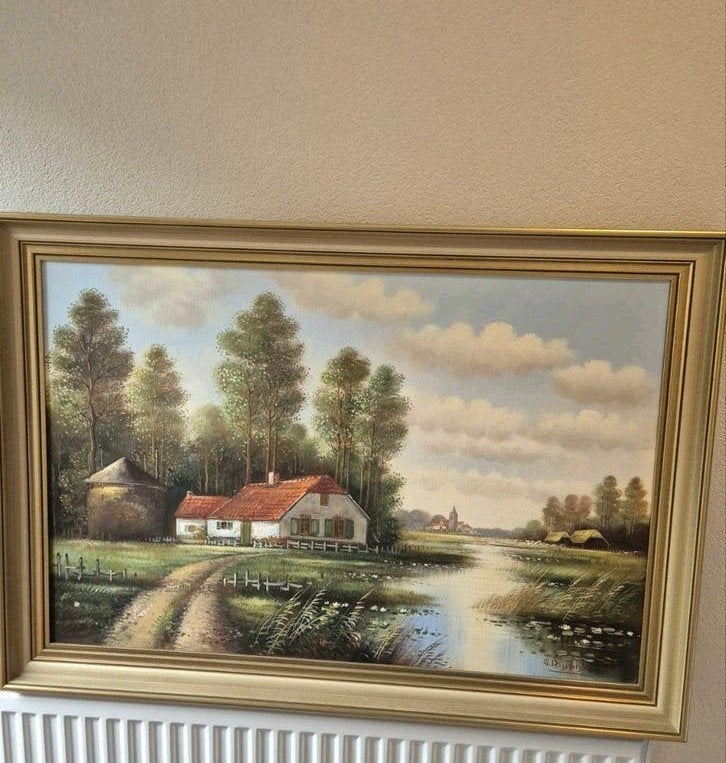 Schilderij met Hollands landschap en boerderij, Antiek en Kunst, Kunst | Schilderijen | Klassiek, Ophalen of Verzenden