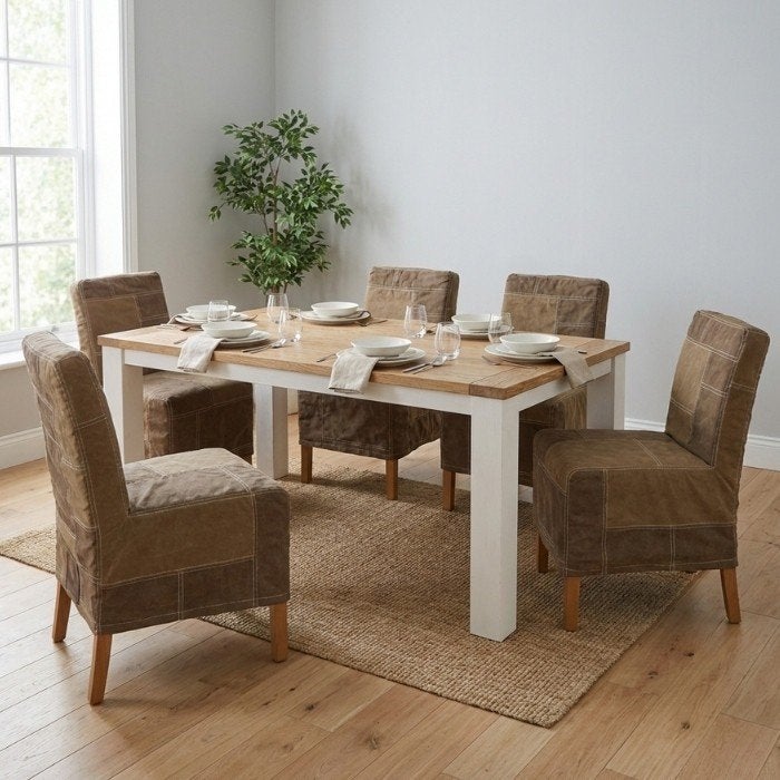 Eetkamerstoelen in stof: groen en bruin met eiken poten, Ophalen, Hout, Overige kleuren, Nieuw