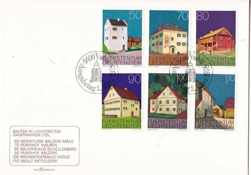 Liechtenstein FDC – Gebäude - M 694-705, Postzegels en Munten, Postzegels | Eerstedagenveloppen, Verzenden, Onbeschreven, Europa