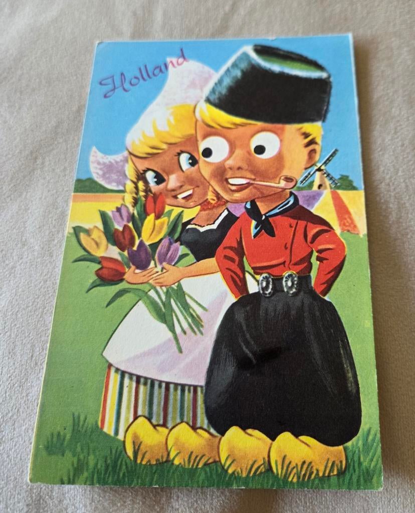 Boertje en boerinnetje met grote ogen en bosje tulpen, Verzamelen, Ansichtkaarten | Themakaarten, Verzenden, Gelopen, Kinderen
