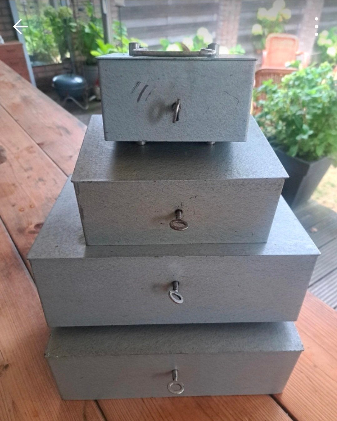 Set van 4 vintage metalen brandkasten/geldkisten met sleutel, Ophalen of Verzenden, Brandkast