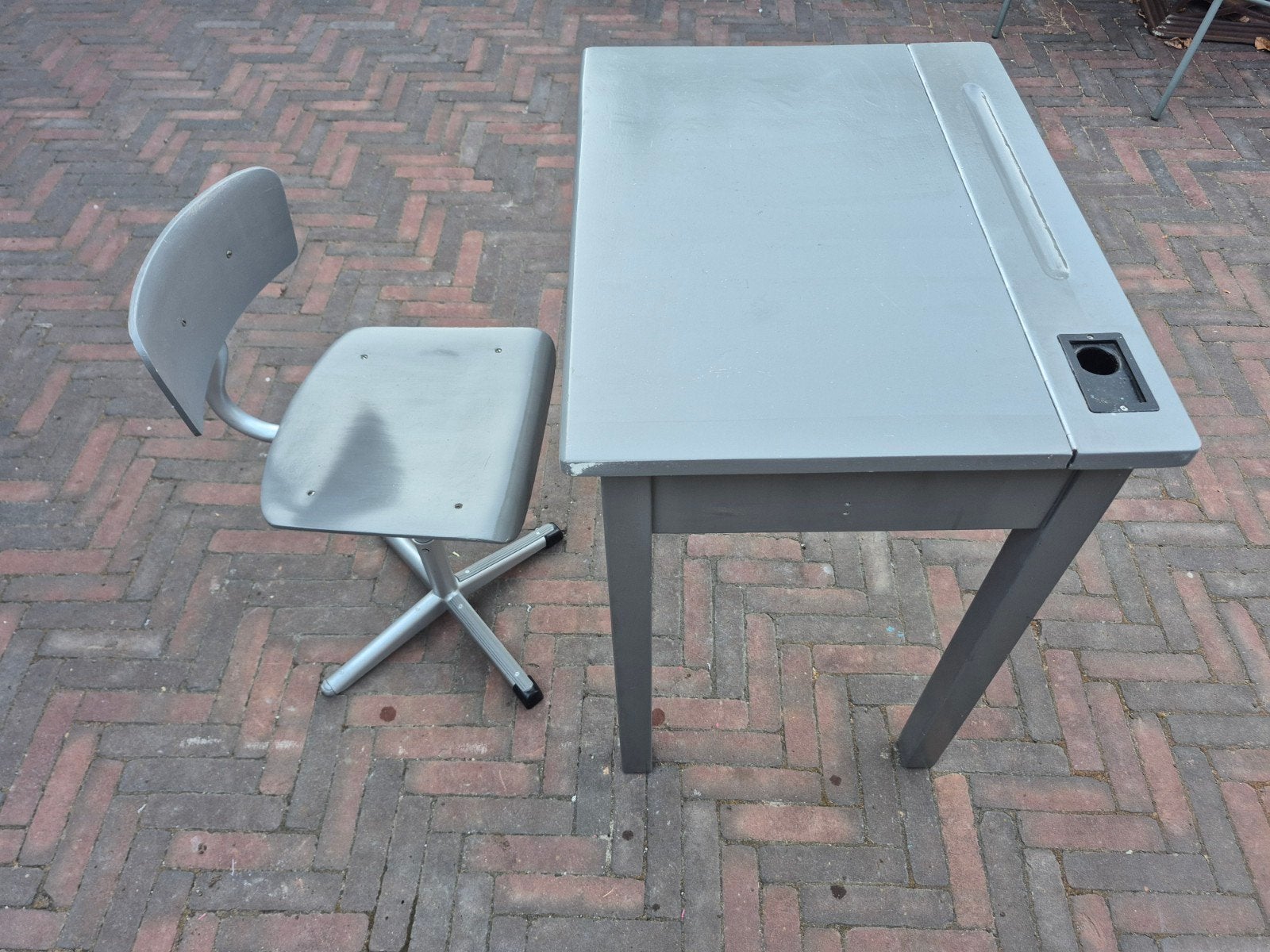 Vintage Klassiek Schoolbureautje met Stoel - Grijs, Ophalen, Gebruikt, Tafel(s) en Stoel(en)