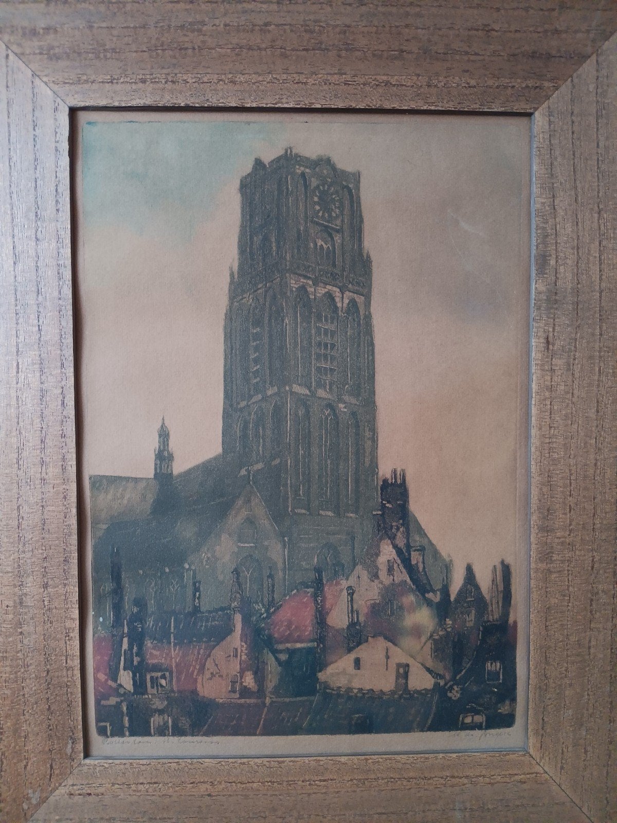 Laurenskerk Rotterdam ets, gesigneerd, M.de Jongere, Ets, Stadsgezicht, 1900 - 1949, Ingelijst