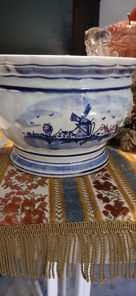 Prachtige Delfts Blauwe Bloempot met Hollands Landschap, Ophalen of Verzenden