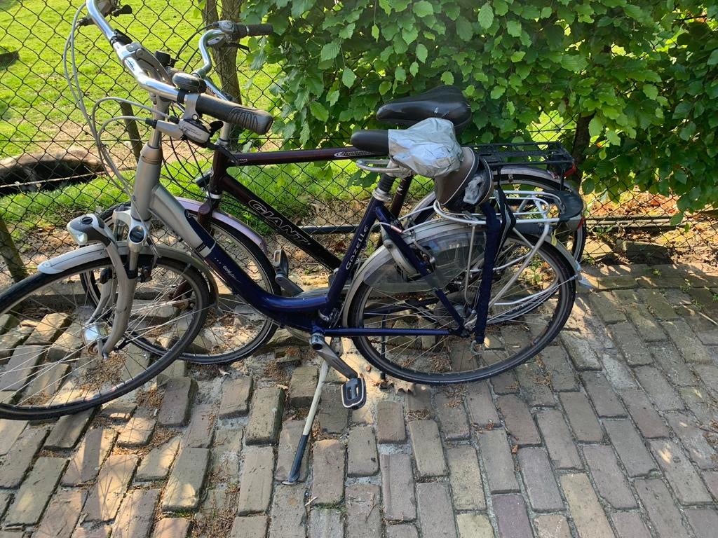 Twee gebruikte fietsen - Giant en onbekend merk, Fietsen en Brommers, Fietsen | Dames | Damesfietsen, Ophalen, Velgrem, Versnellingen