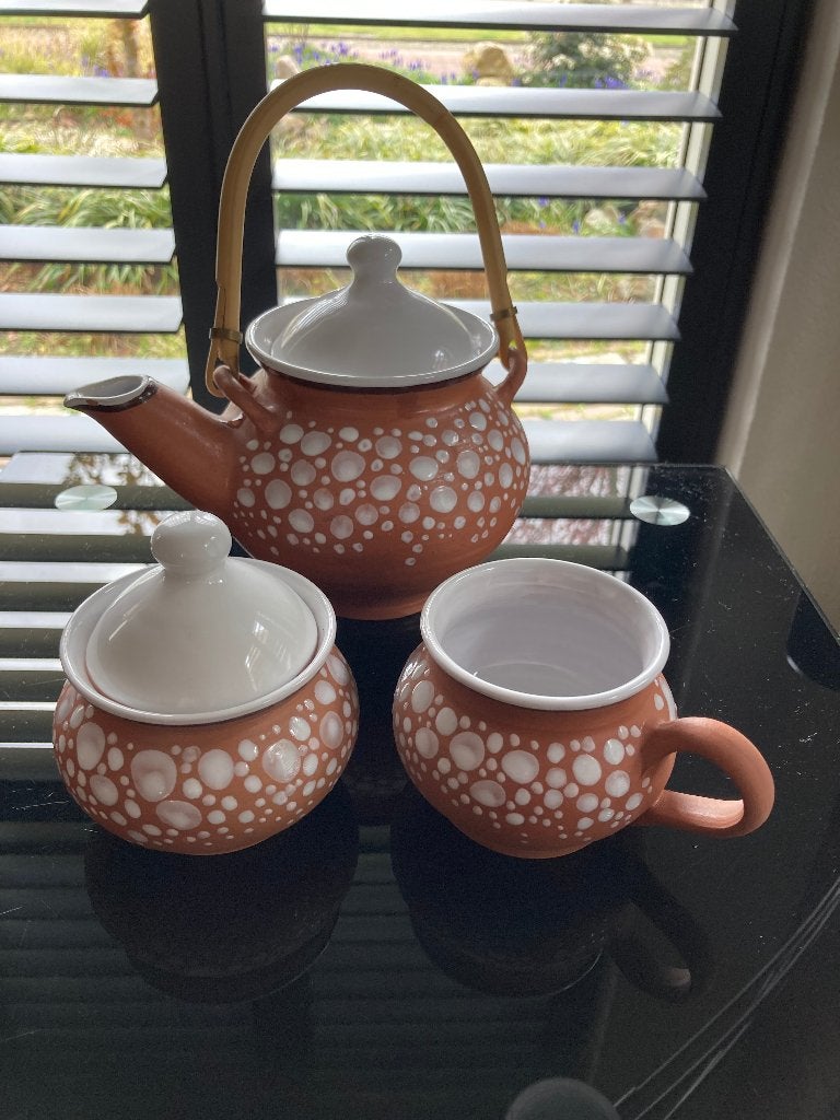 VINTAGE Terracotta | design theeservies | gesigneerd | 3-dlg, Antiek en Kunst, Ophalen of Verzenden