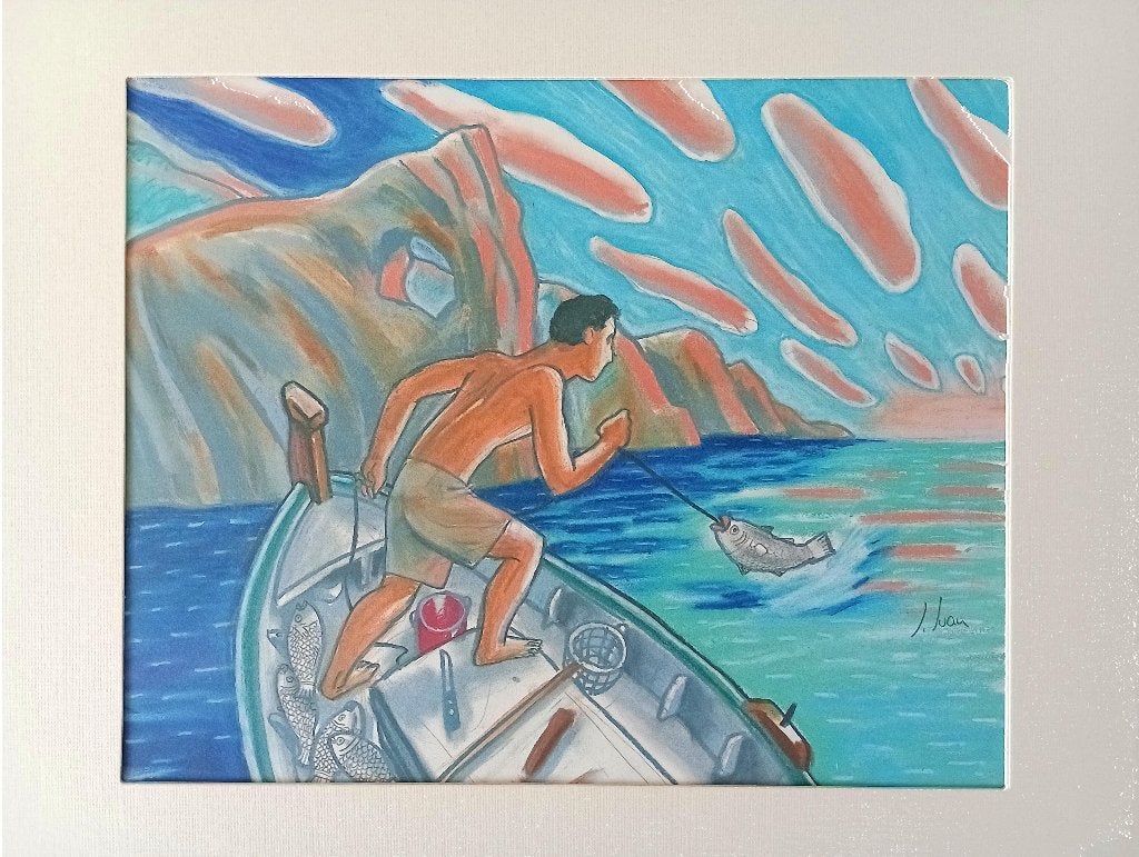 Lithografie Javier de Juan met visser in boot, Overige onderwerpen, Ophalen of Verzenden, Lithografie, Origineel