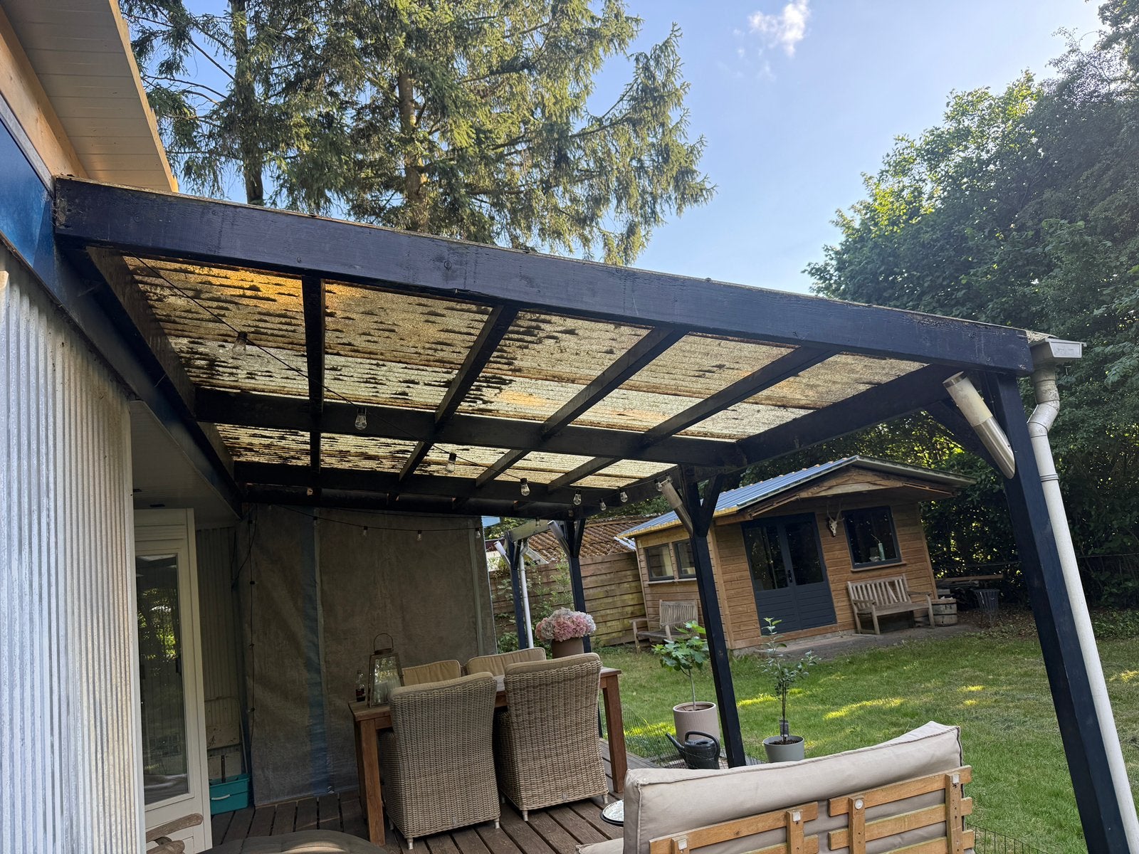 Houten overkapping 5 x 3 meter serre tuinkamer schuur, Tuin en Terras, Ophalen, Gebruikt, Serre