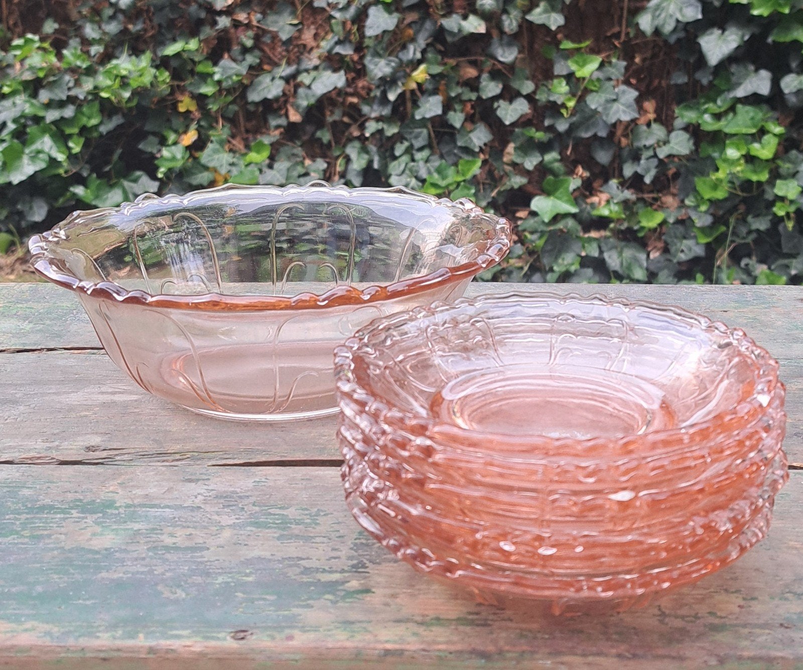 Vintage glazen schalen set rose persglas 7 delig keuken zgan, Ophalen of Verzenden