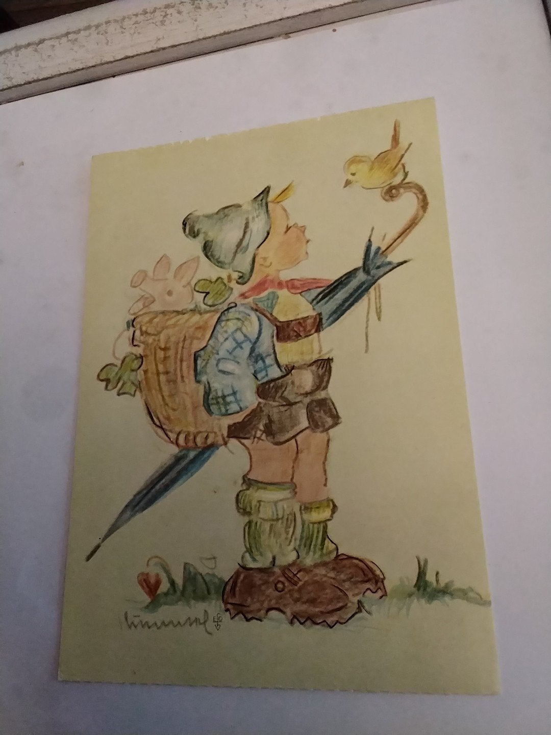 Vintage M.I. Hummel Ansichtkaart - Jongen met Vogel, Ophalen of Verzenden, 1940 tot 1960, Ongelopen