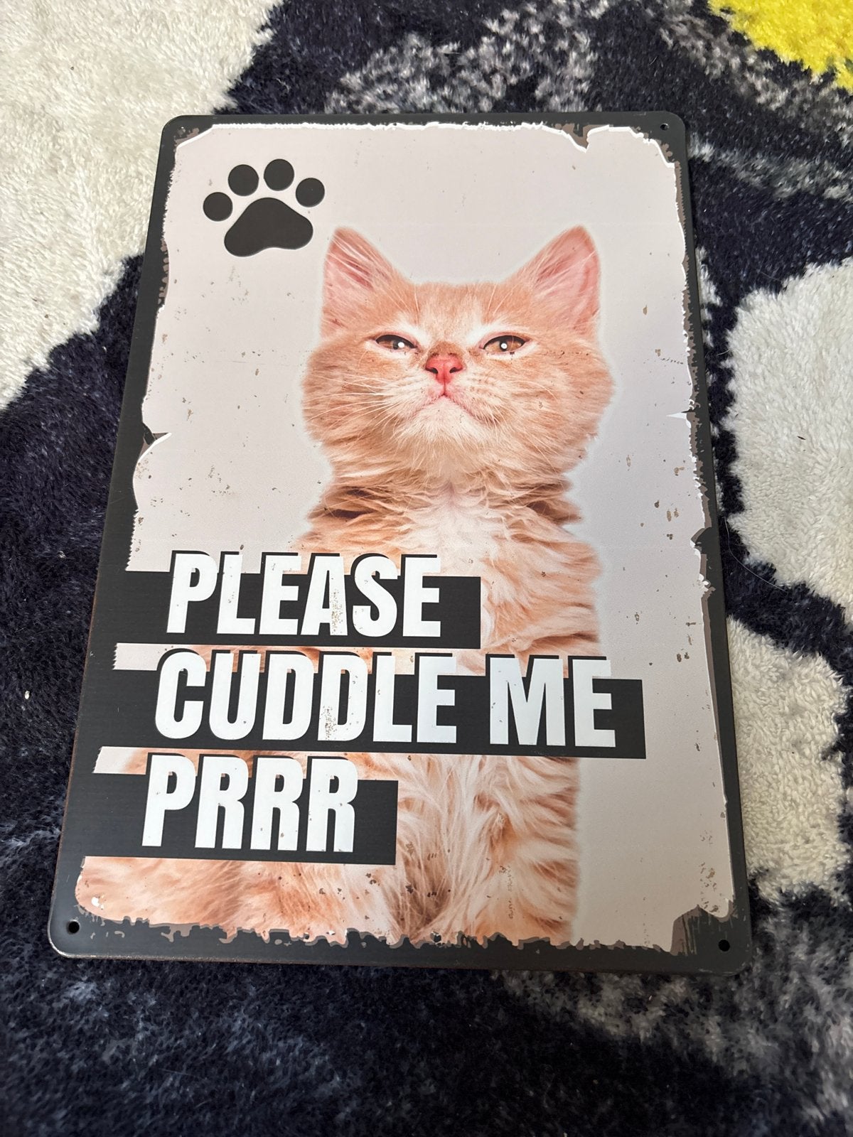 Metalen wandbord 'Please Cuddle Me Prrr' met kat, Meerkleurig, Ophalen of Verzenden, Zo goed als nieuw, Metaal