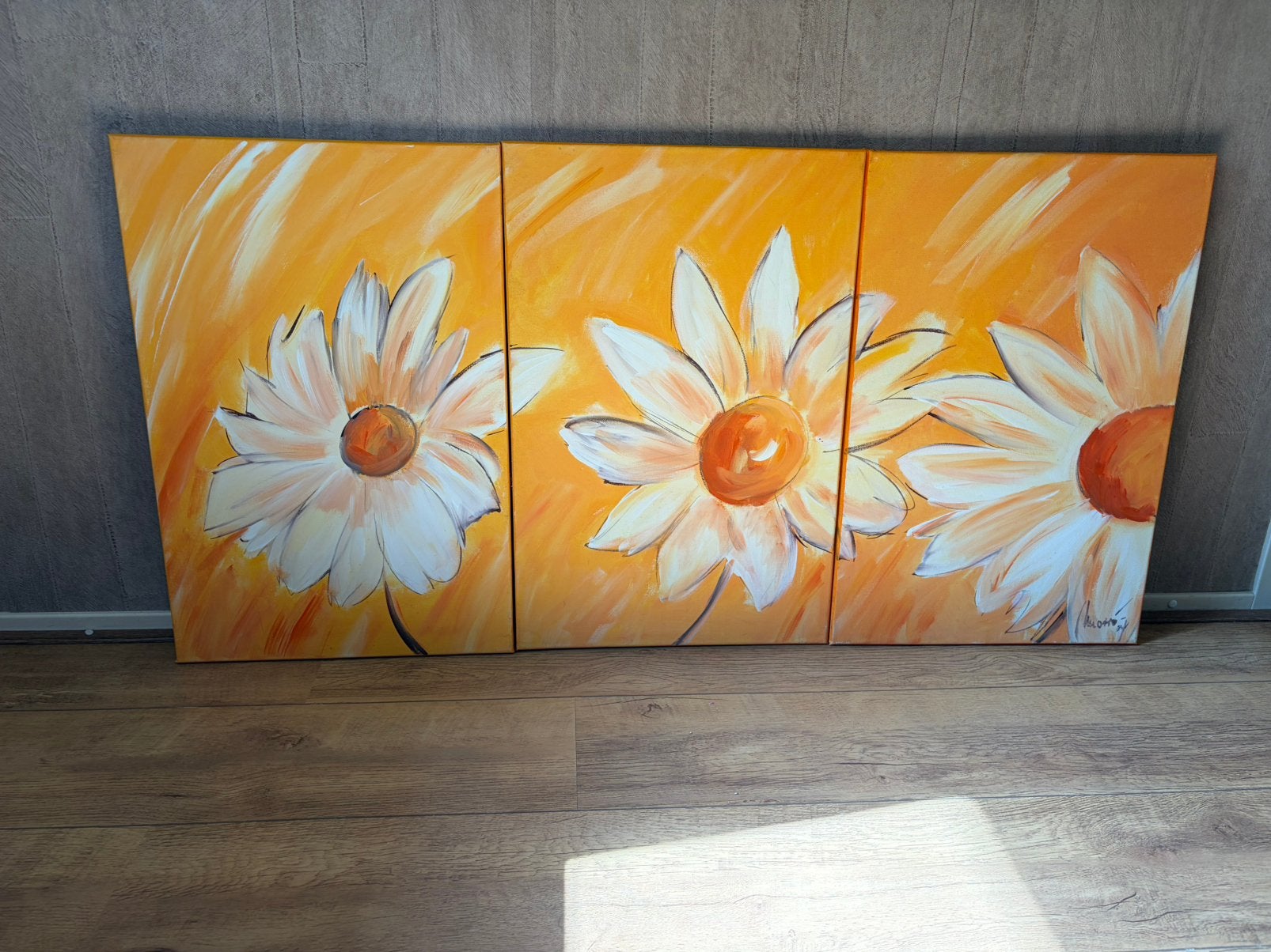Drieluik, handgeschilderd, gesigneerd., Ophalen, Acrylverf, Op houten frame, Bloemen