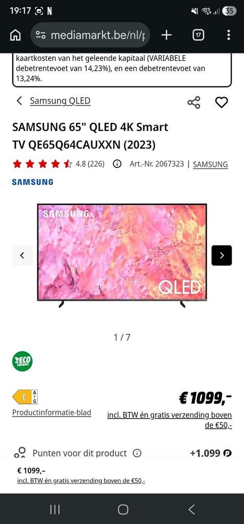 Samsung Qled 65 inch 4k smart tv, Ophalen, QLED, Zo goed als nieuw, Samsung