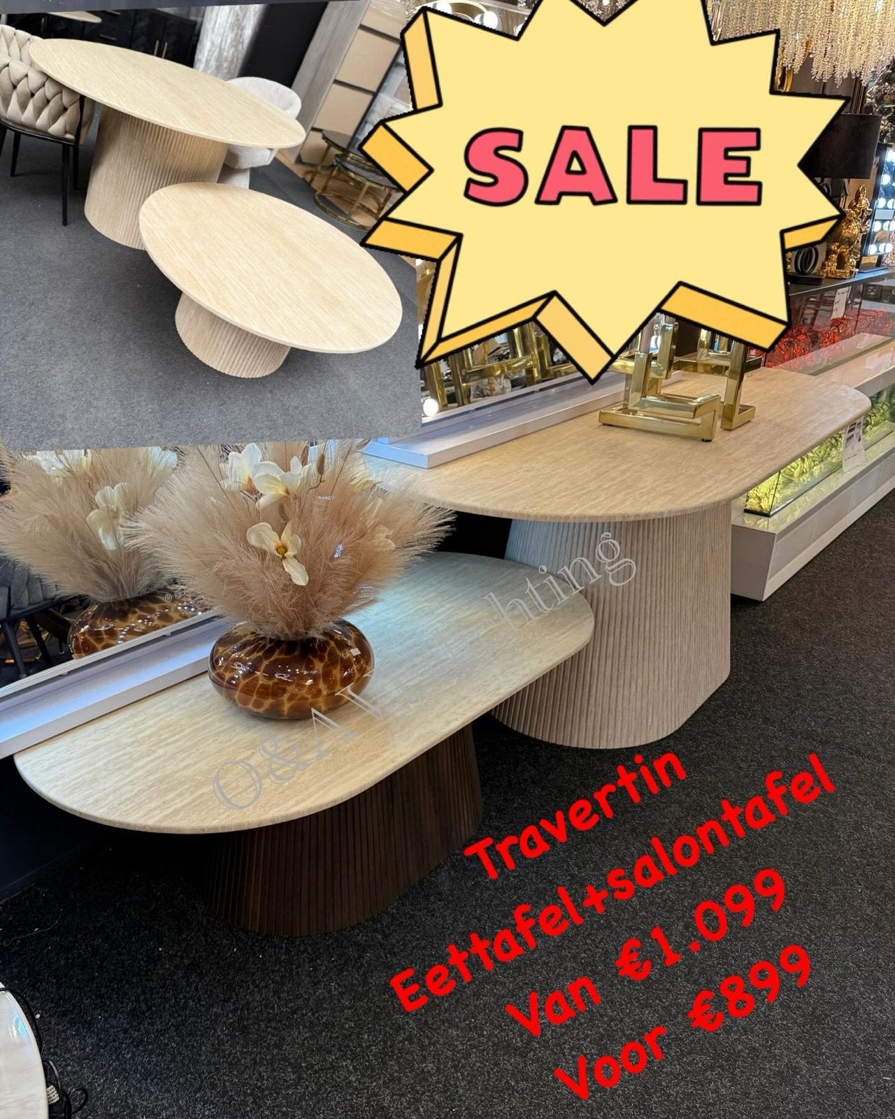 Travertin Kimberly eettafel & salontafel crème/bruin, Huis en Inrichting, Nieuw, Vijf personen of meer, 150 tot 200 cm, Ovaal
