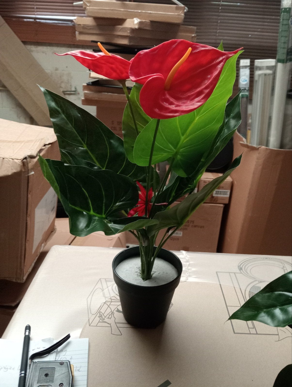 Set van 3 Kunst Anthurium Planten - Geel en Rood, Met pot of vaas, Kunstplant, Nieuw, Ophalen of Verzenden