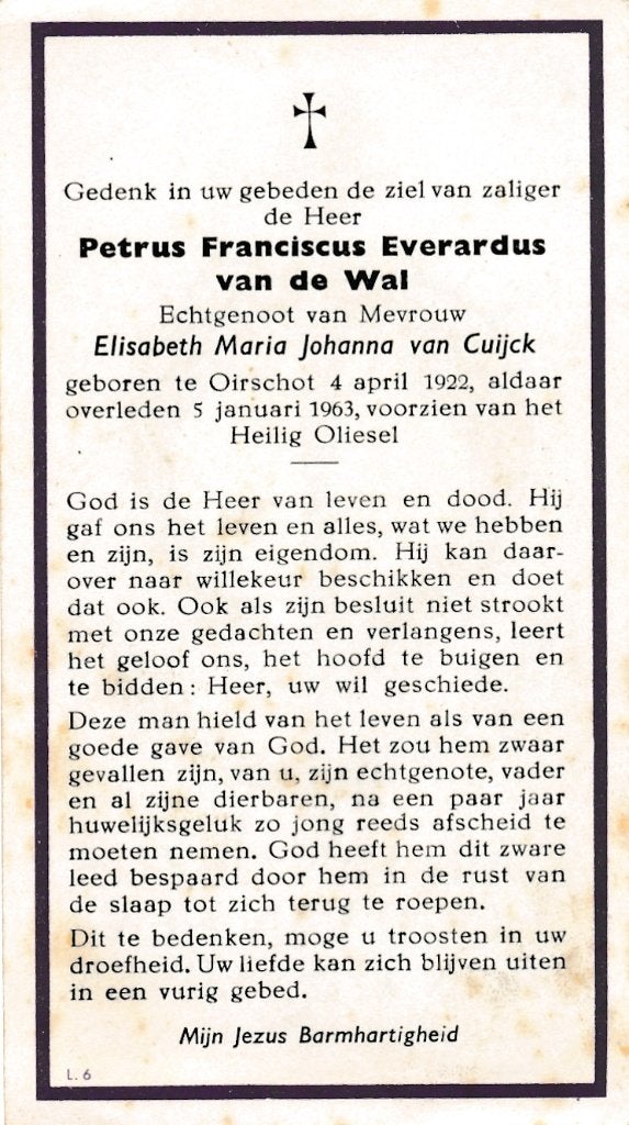 Wal Petrus 1922 Oirschot 1963, Ophalen of Verzenden, Bidprentje