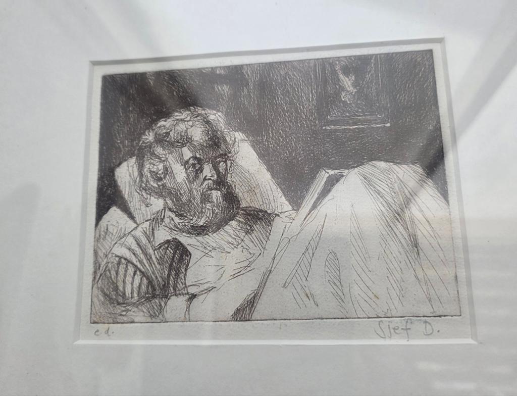 Vintage Ets: Portret van een Man met Baard, gesigneerd, Ingelijst, Ets, Portret, Ophalen of Verzenden