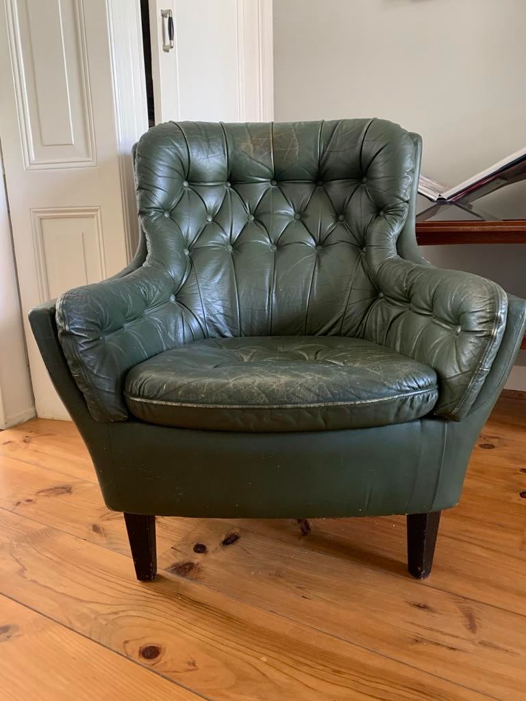 Vintage donkergroene leren fauteuil, Ophalen, Gebruikt, Klassiek, 75 tot 100 cm
