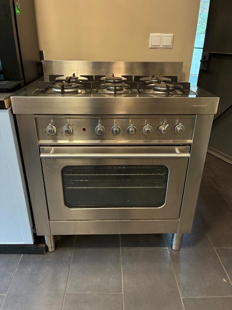 Solitaire 6-pits gasfornuis met oven  RVS 90 cm, Ophalen, Gebruikt, Hete lucht, 60 cm of meer