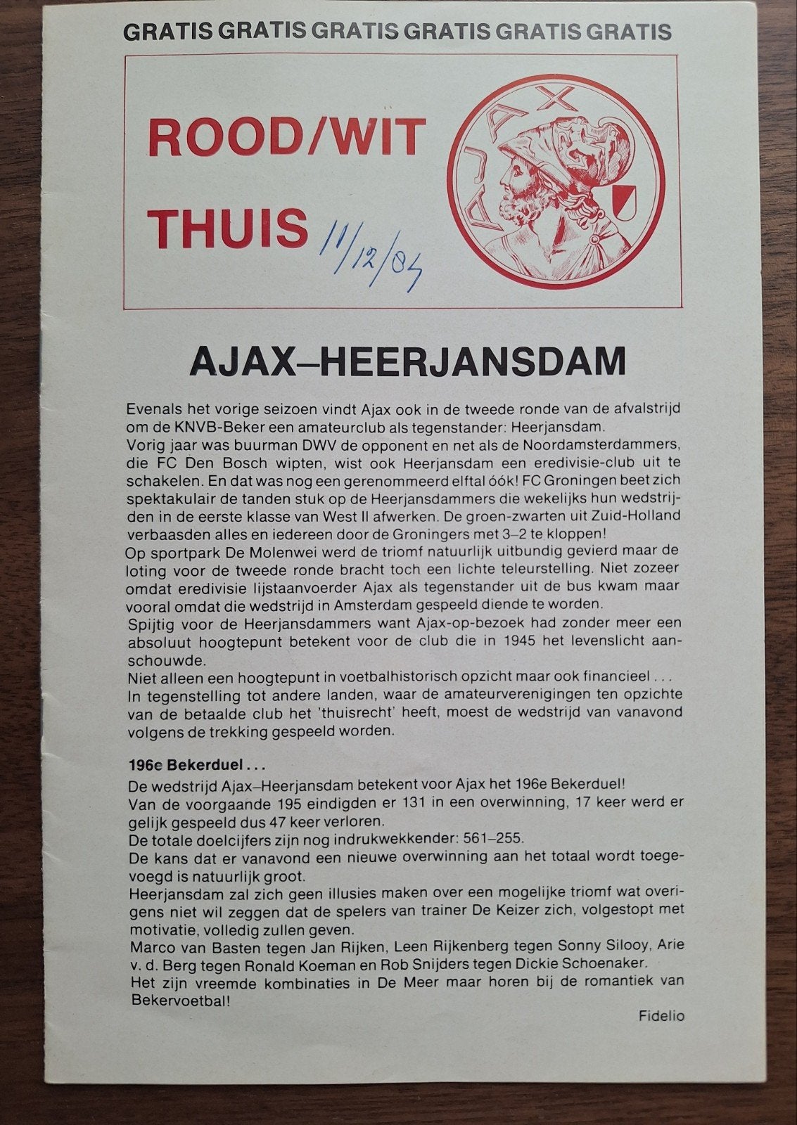 Ajax-Heerjansdam KNVB 2e ronde Beker Programma Dec. 1984, Verzamelen, Ophalen of Verzenden, Gebruikt, Ajax, Boek of Tijdschrift