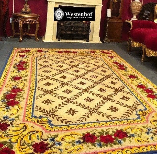 Handgeknoopt tapijt  vloerkleed wol vintage klassiek, Gebruikt, Geel, 200 cm of meer, Ophalen of Verzenden
