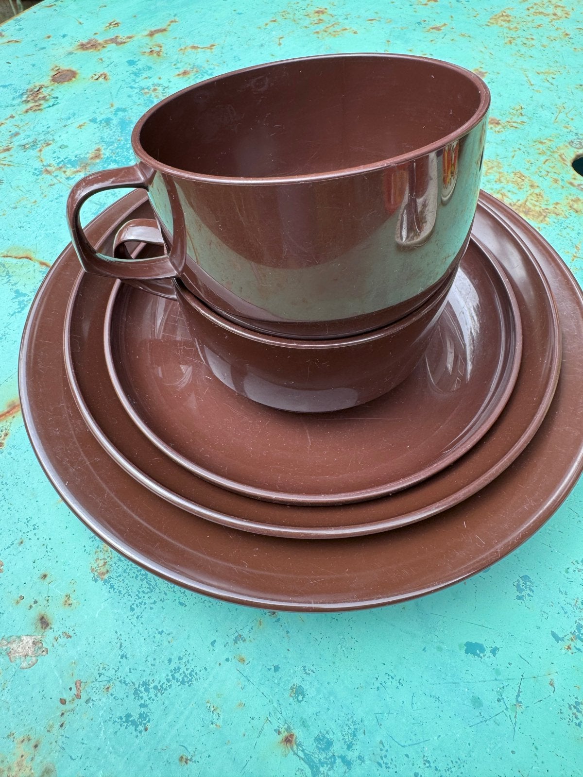 Retro Mepal kampeer servies bruin, Ophalen of Verzenden, Gebruikt