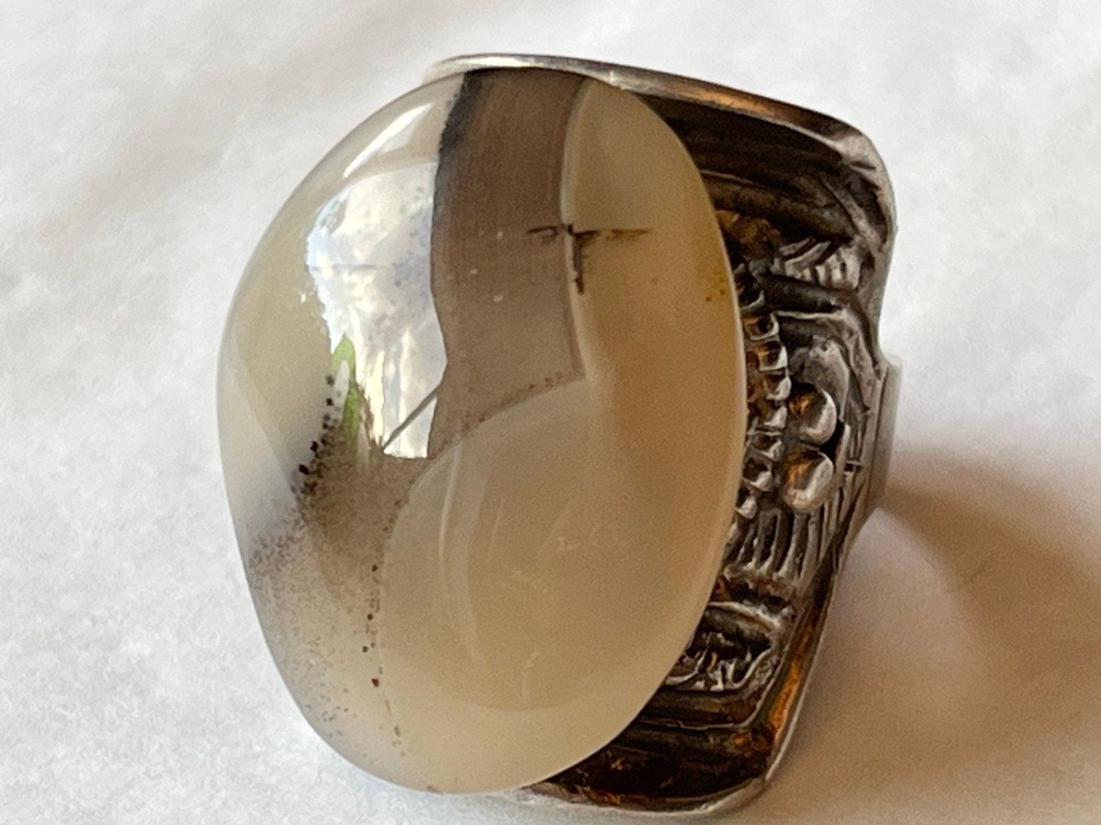 Zilveren ring met grote Agaat steen, verstelbaar, Verzenden, Zo goed als nieuw, 17 tot 18, Met edelsteen