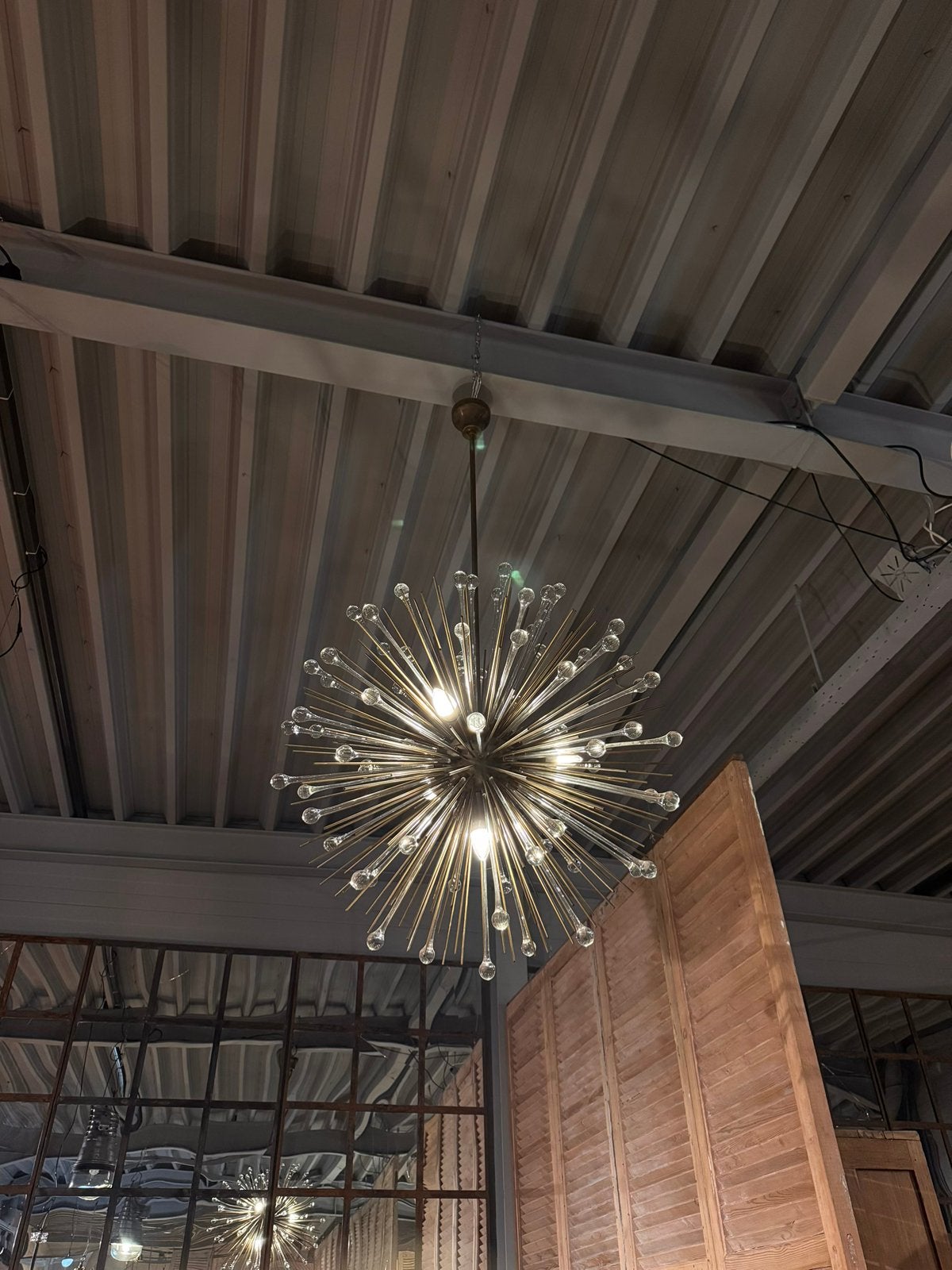 Vintage glazen sputnik hanglamp met messing, Huis en Inrichting, Ophalen of Verzenden, Zo goed als nieuw, Glas