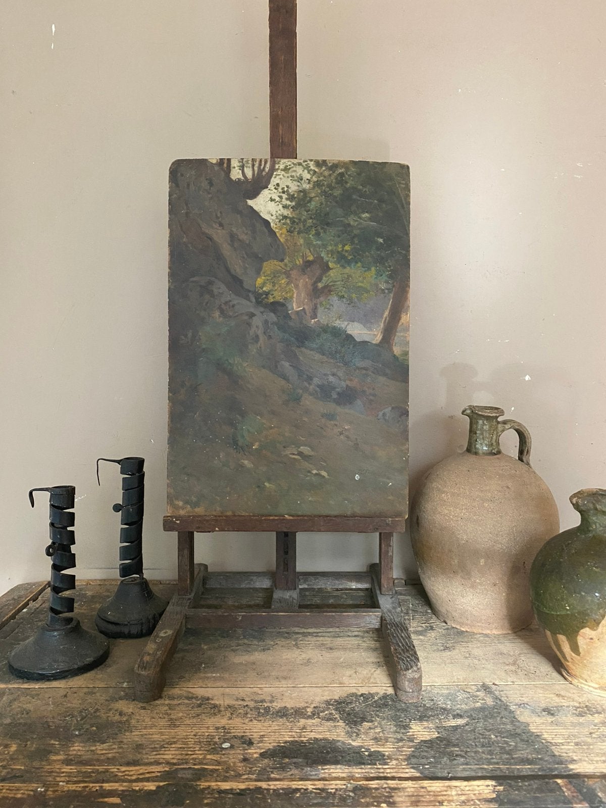 Antiek frans schilderij, berg bos landschap, Ophalen of Verzenden