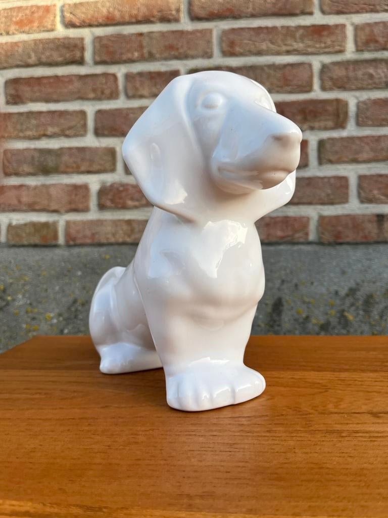 Vintage keramische teckel / hond , mooie witte teckel, Ophalen of Verzenden