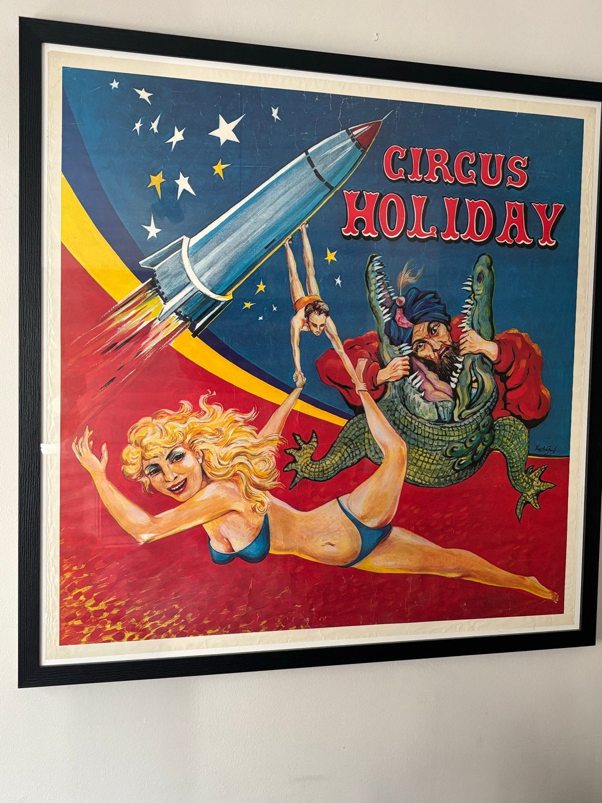 Vintage Circus Holiday Poster in Lijst - Origineel, Met lijst, Deurposter of groter, Ophalen of Verzenden, Reclame