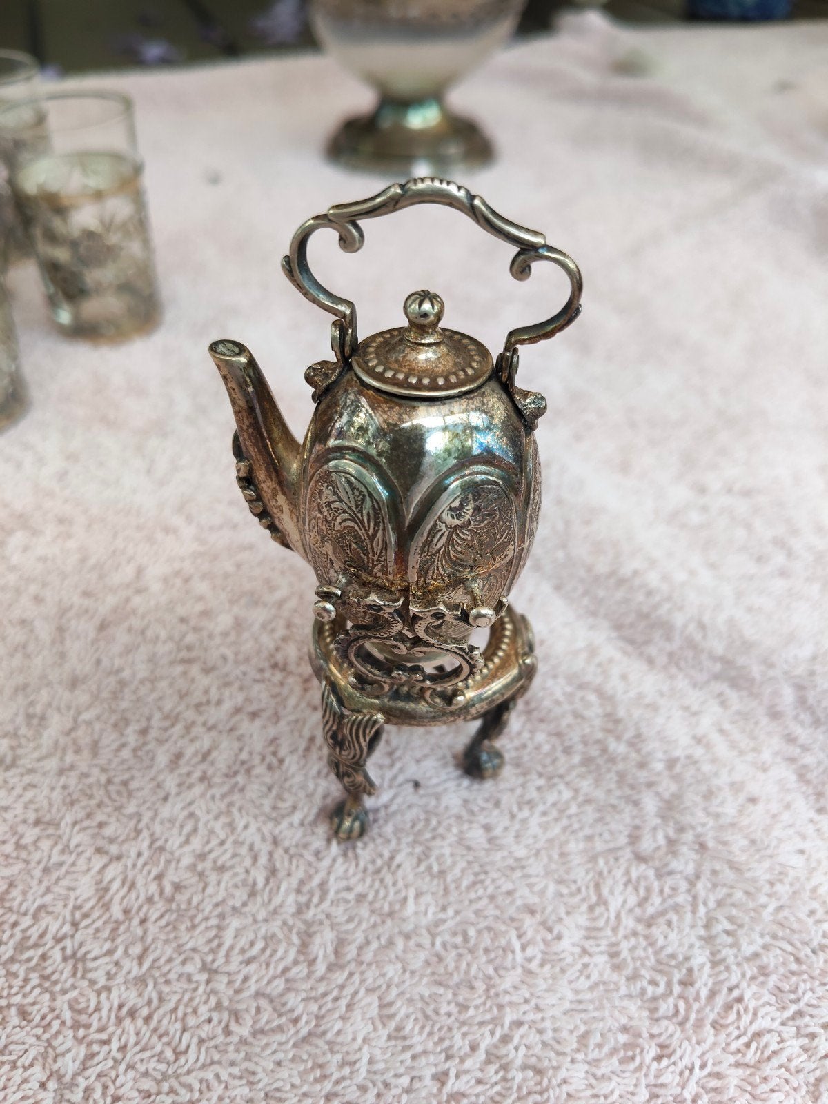 Miniatuur zilveren  tuimel kannetje, Antiek en Kunst, Ophalen