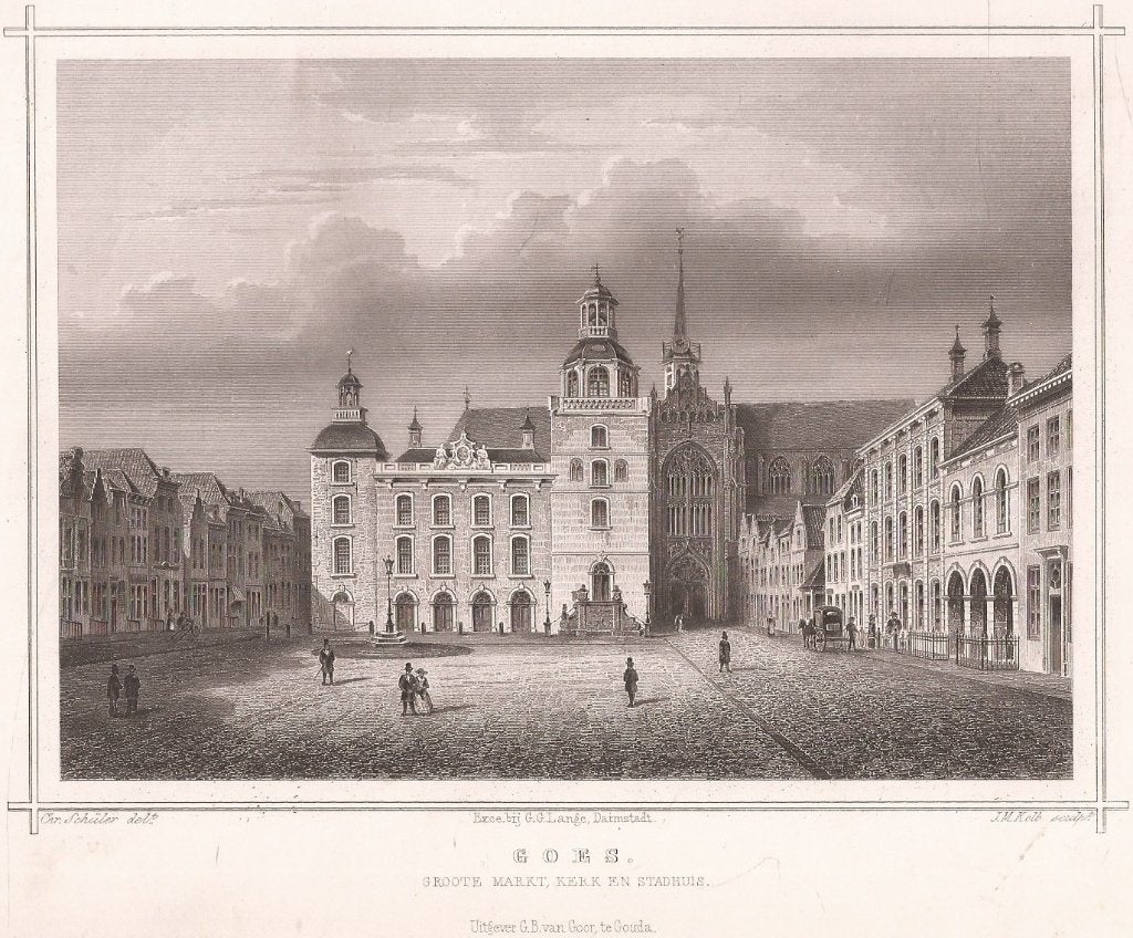 Goes. Groote Markt Kerk en Stadhuis Staalgravure Terwen 1858, Antiek en Kunst, 1800 - 1899, Stadsgezicht, 14 cm, 17 cm