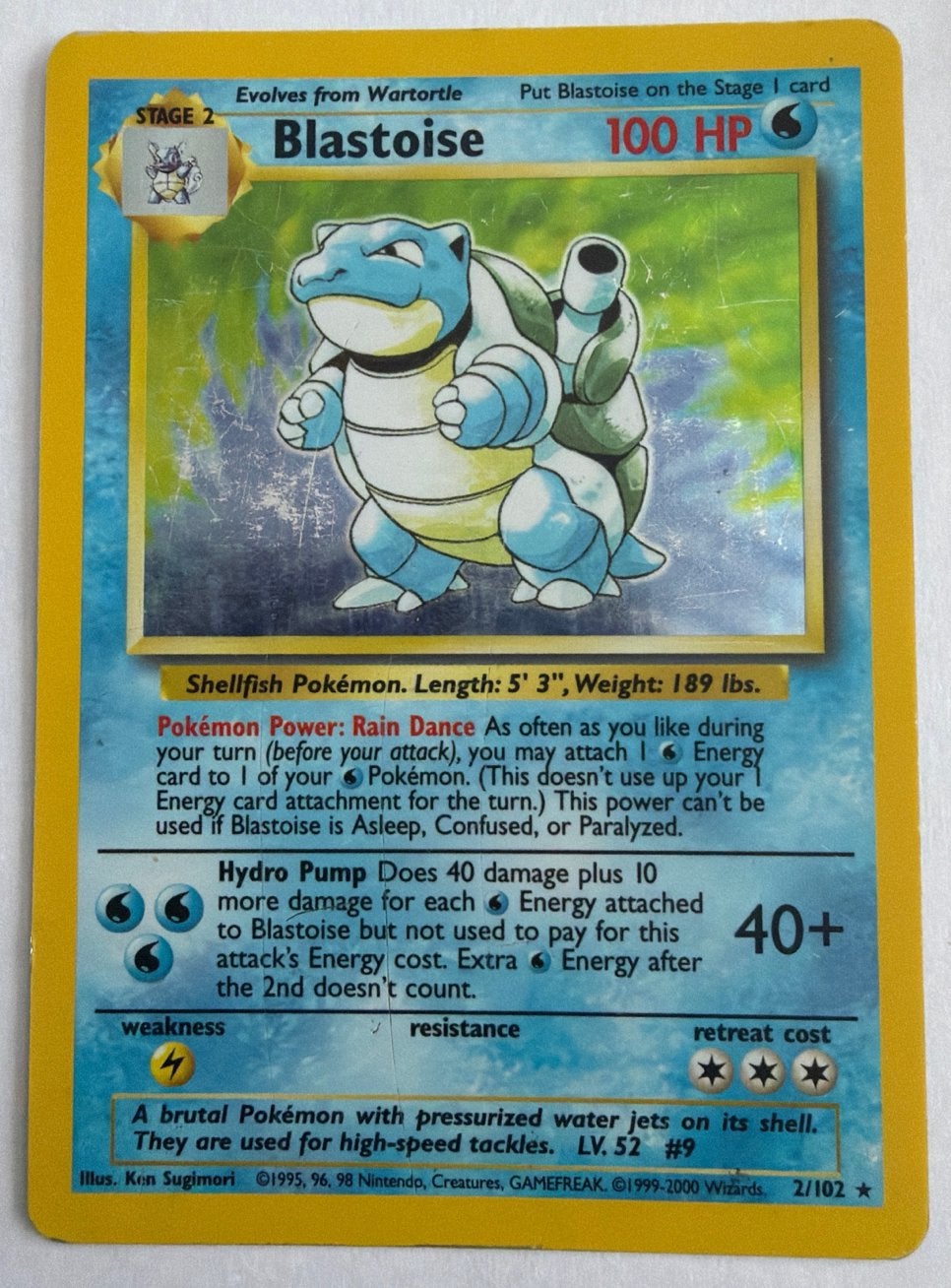 Pokémon Blastoise Base Set 2/102 Holo Rare Vintage Kaart, Ophalen of Verzenden, Gebruikt, Losse kaart, Foil
