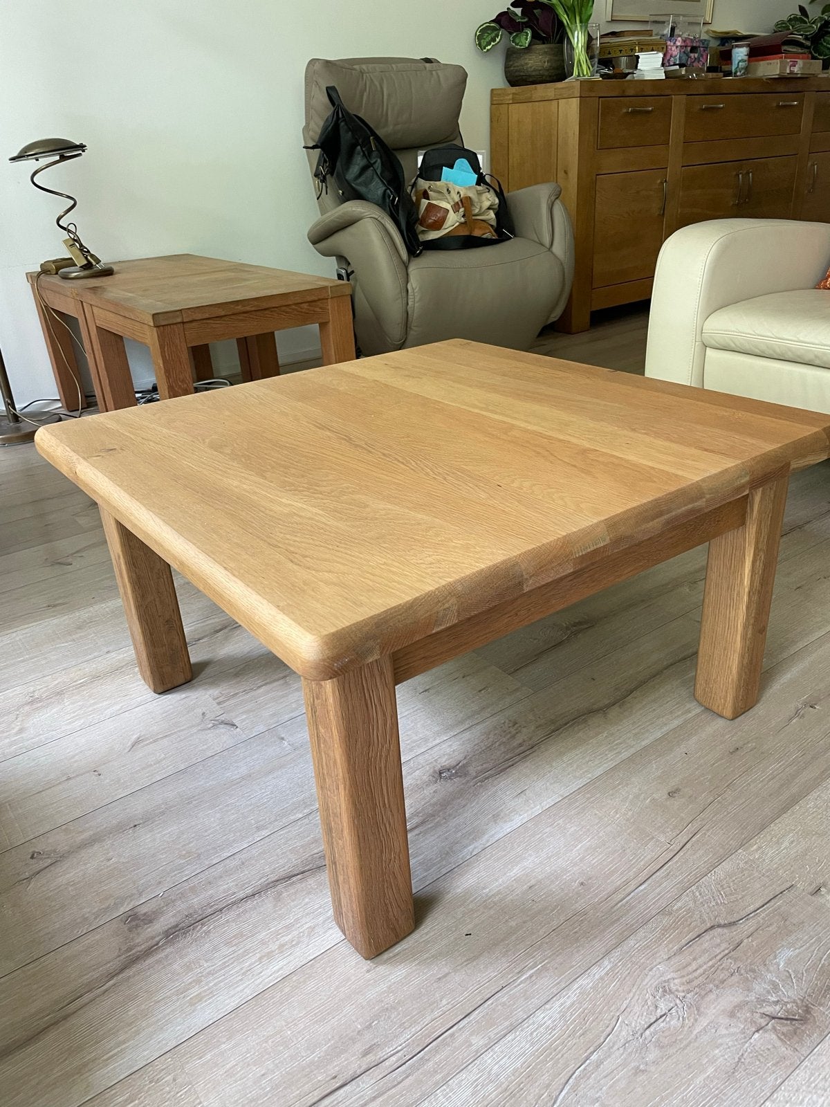 Licht eikenhouten salontafel met lade - 80x80x45 cm, Ophalen, 50 tot 100 cm, Zo goed als nieuw, 5 – 50