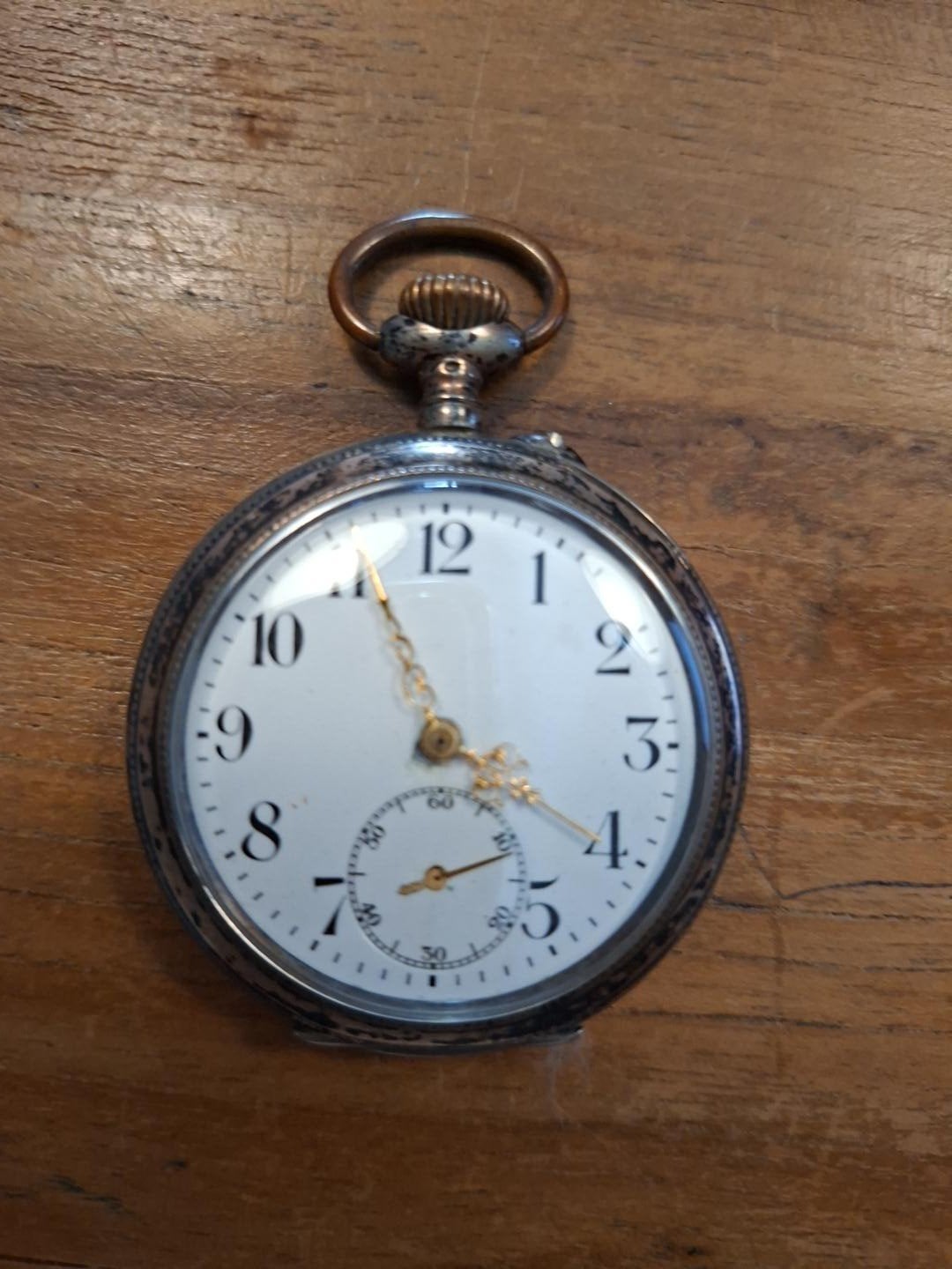 Antiek Zakhorloge met Paardengravure - Zilver (0.800), Overige merken, Zakhorloge, Ophalen of Verzenden, Voor 1900